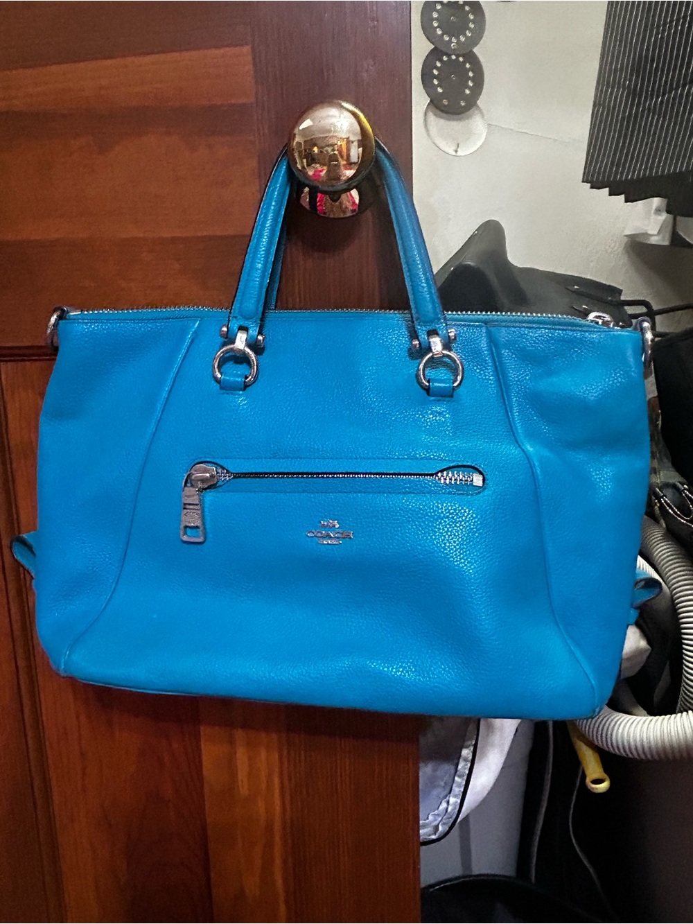Coach Pebbled Leather Shoulder Bag in Turquoise Blue